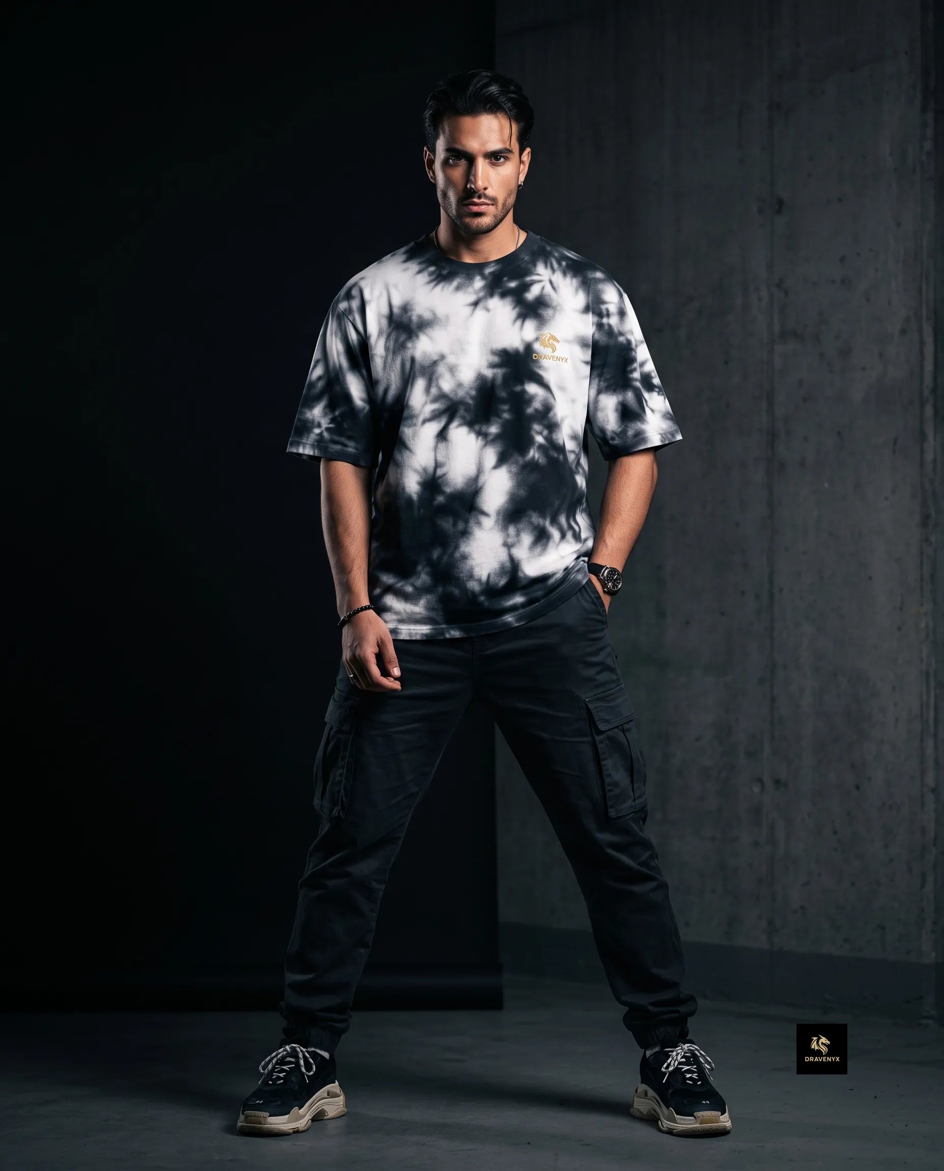 DRAVENYX Unisex Tie Dye Oversized T-Shirt in White Black — embroidered dragon logo, relaxed streetwear fit
