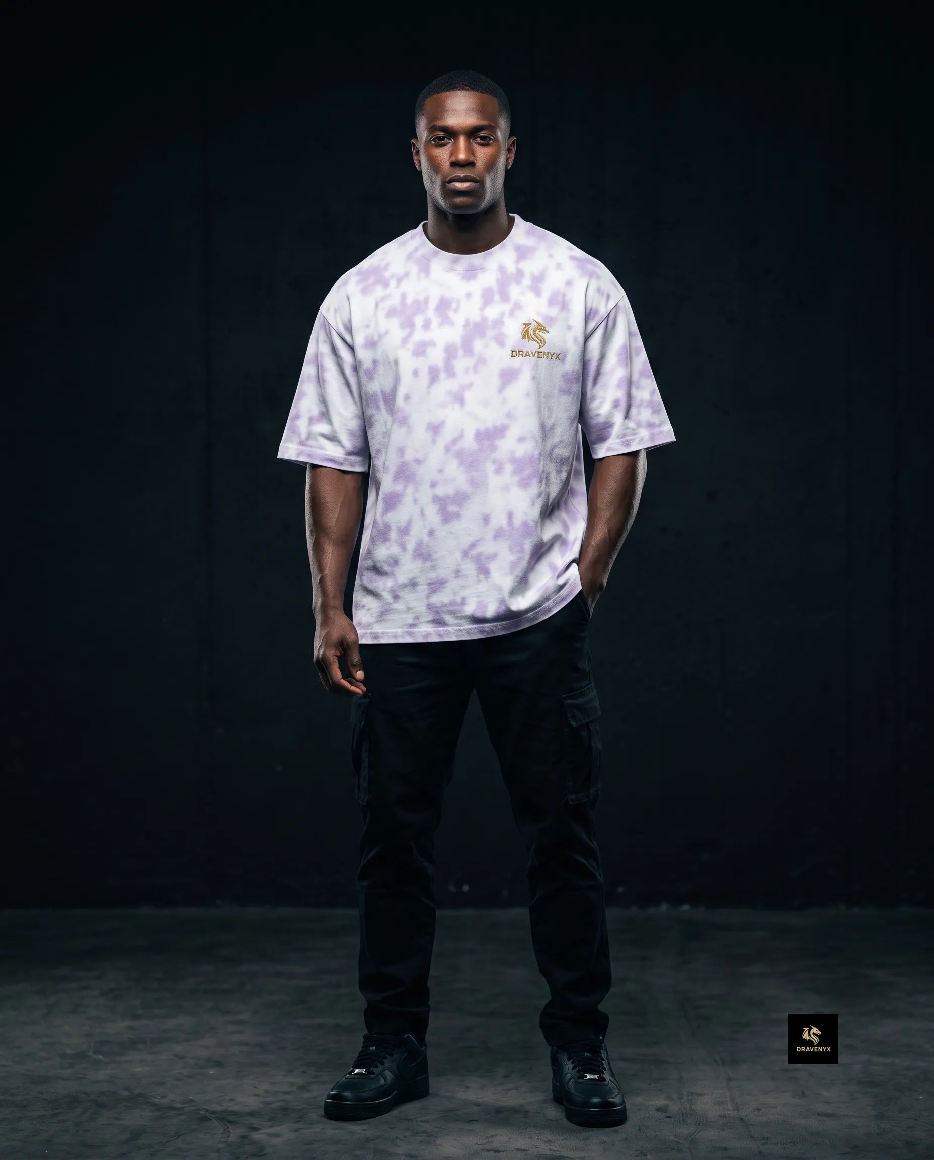 DRAVENYX Unisex Tie Dye Oversized T-Shirt in White Lavender — embroidered dragon logo, relaxed streetwear fit