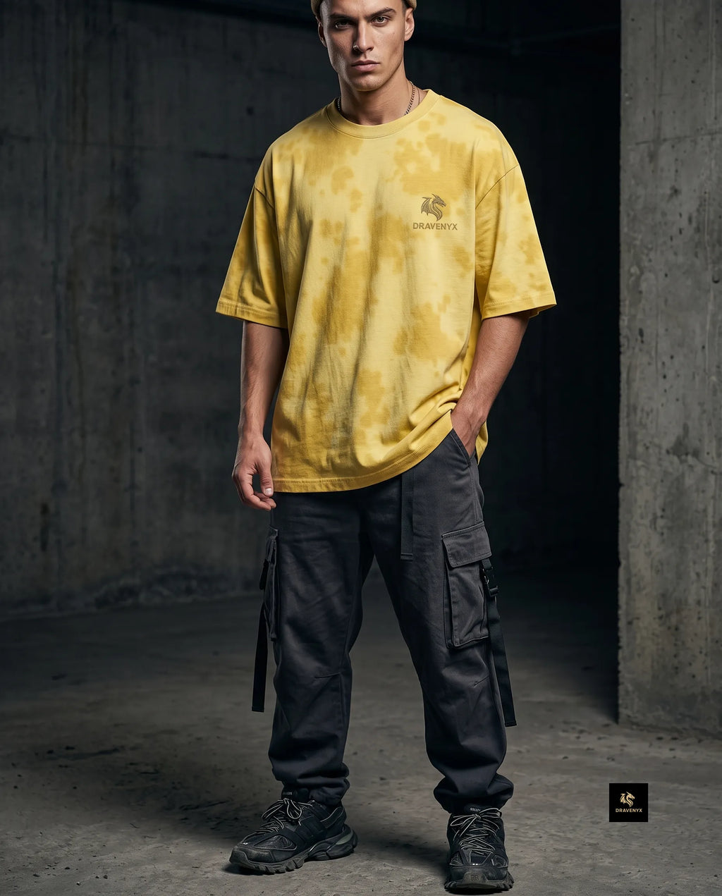 DRAVENYX Unisex Tie Dye Oversized T-Shirt in Yellow — embroidered dragon logo, relaxed streetwear fit