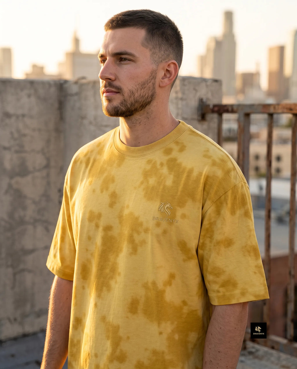 DRAVENYX Unisex Tie Dye Oversized T-Shirt in Yellow — embroidered dragon logo, relaxed streetwear fit