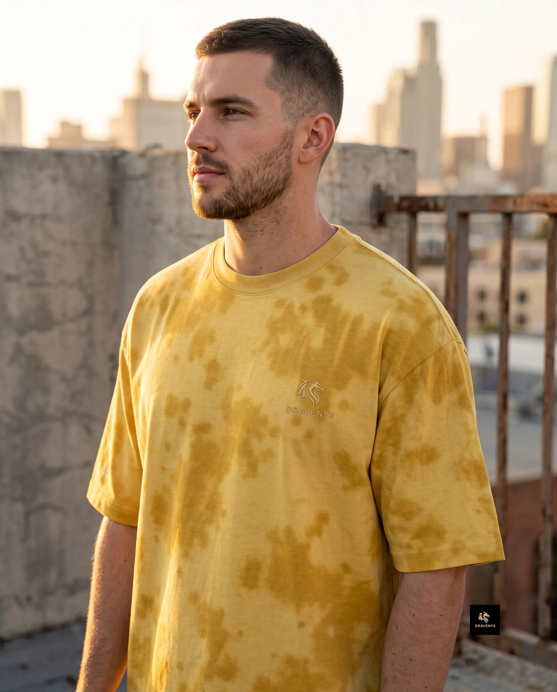 DRAVENYX Unisex Tie Dye Oversized T-Shirt in Yellow — embroidered dragon logo, relaxed streetwear fit
