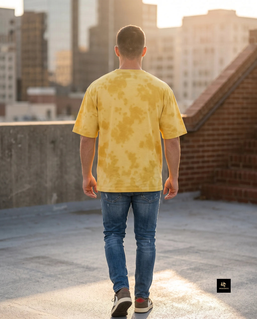 DRAVENYX Unisex Tie Dye Oversized T-Shirt in Yellow — embroidered dragon logo, relaxed streetwear fit