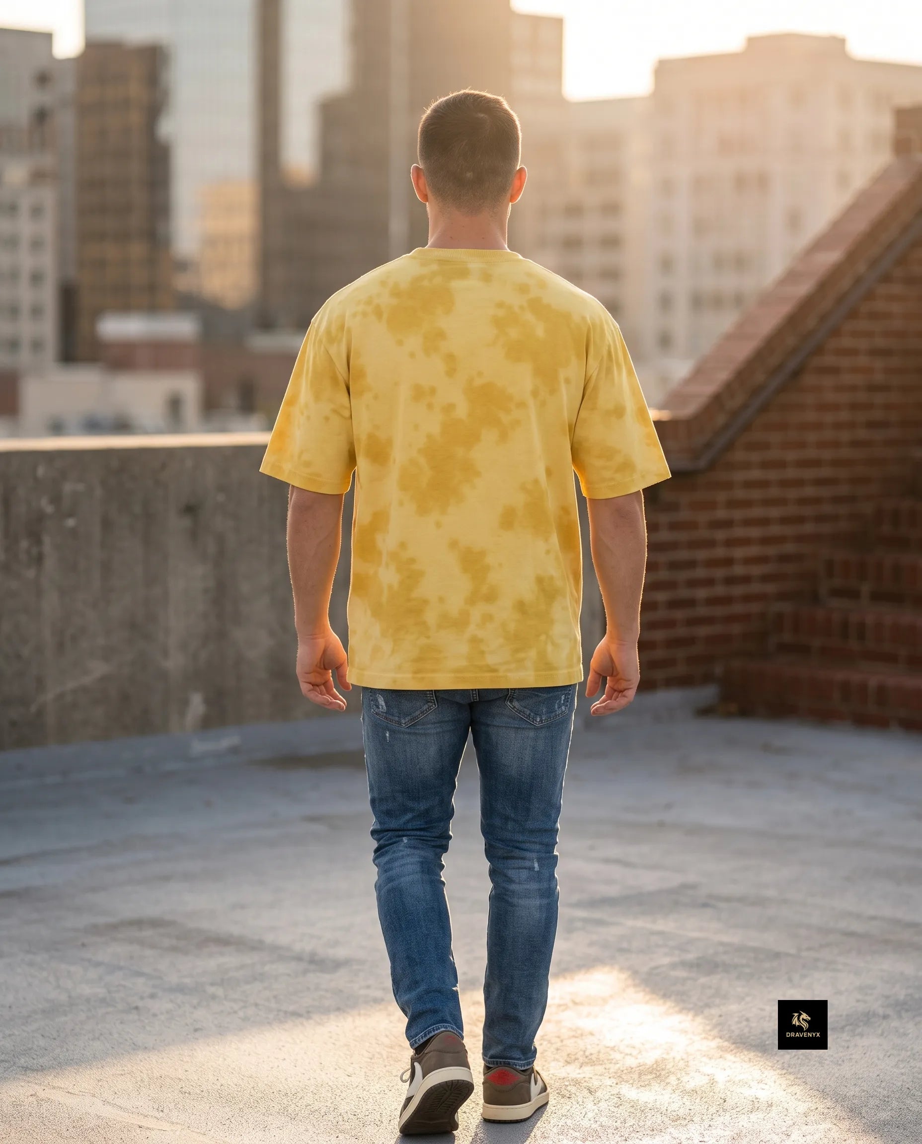DRAVENYX Unisex Tie Dye Oversized T-Shirt in Yellow — embroidered dragon logo, relaxed streetwear fit