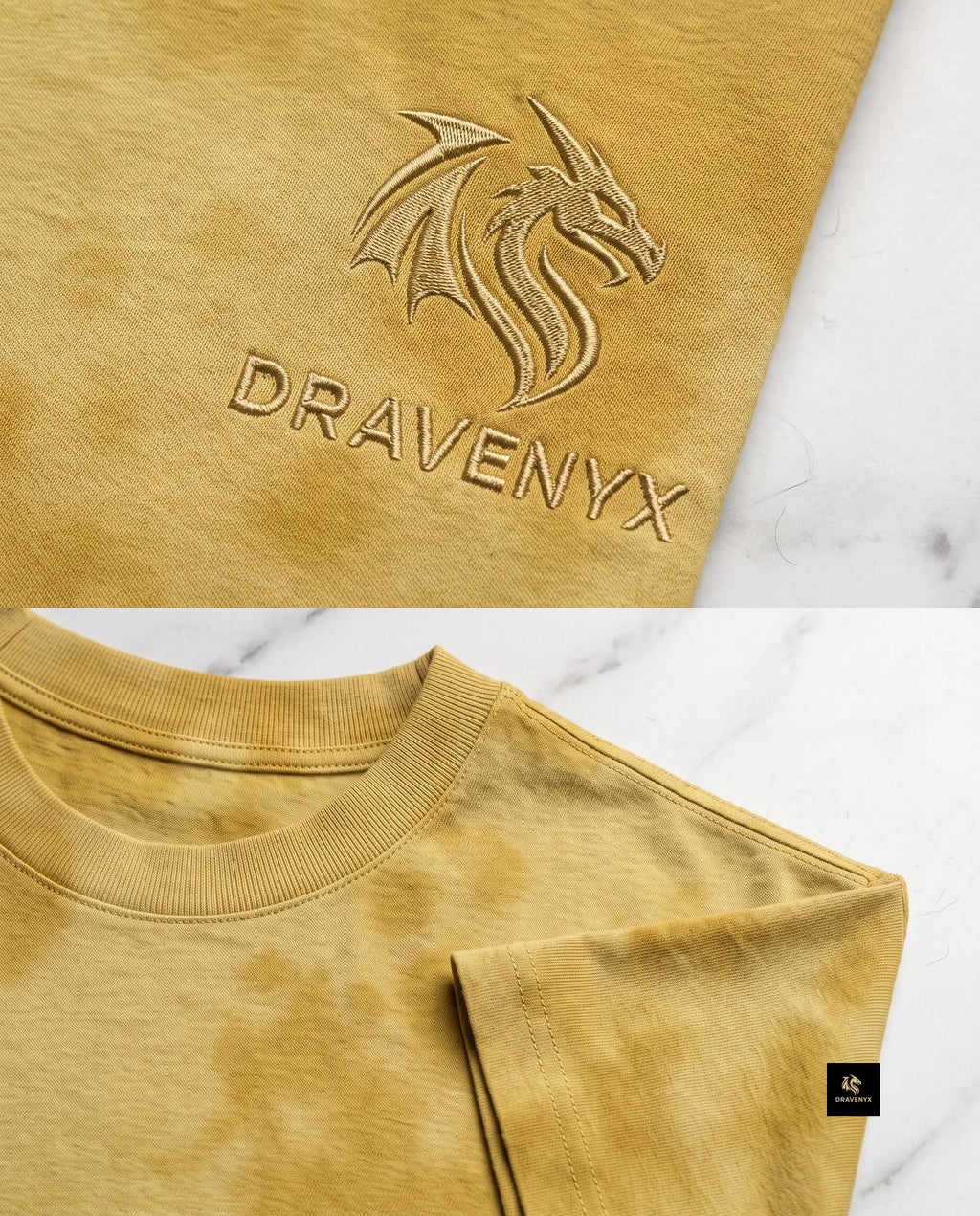 DRAVENYX Unisex Tie Dye Oversized T-Shirt in Yellow — embroidered dragon logo, relaxed streetwear fit