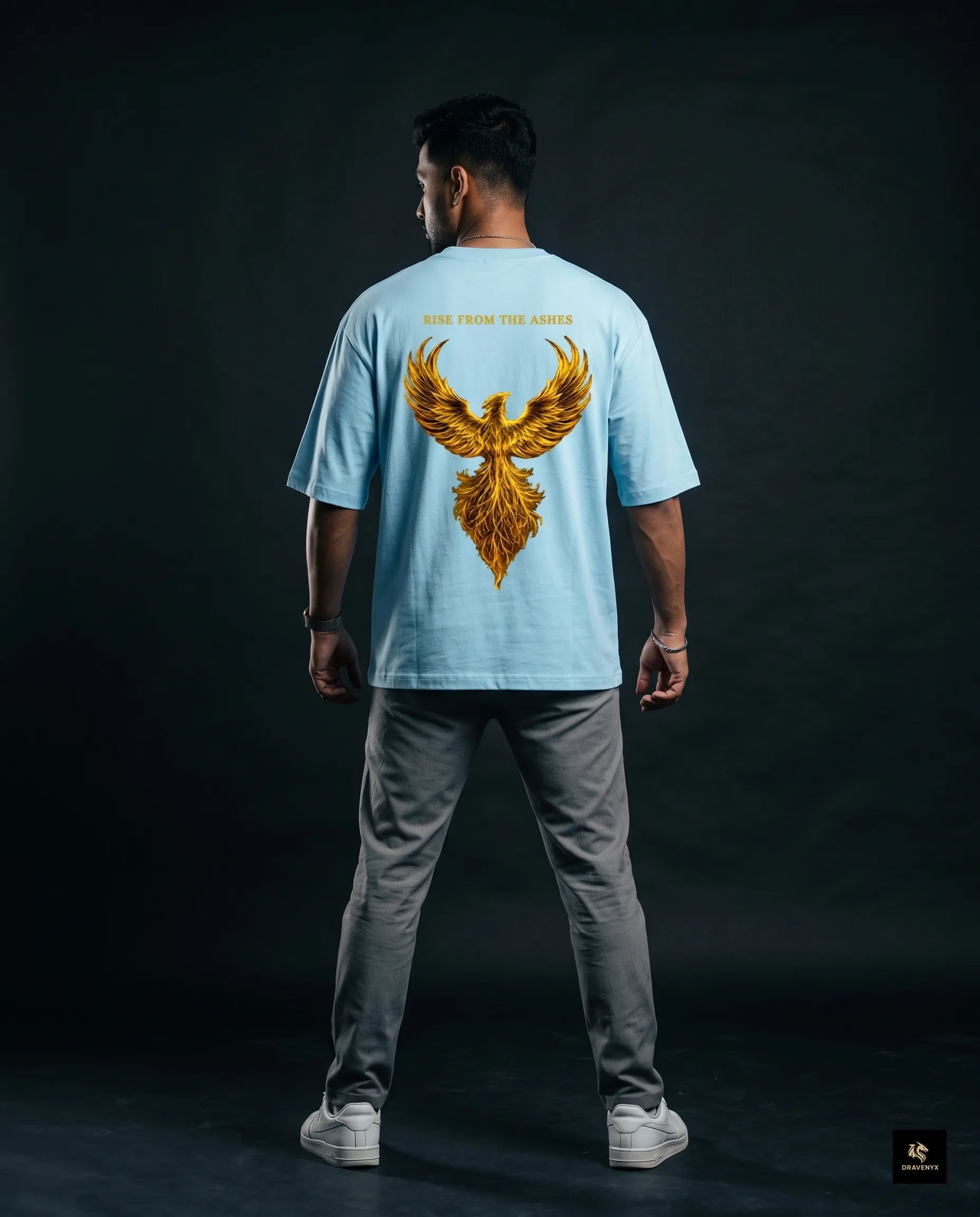 DRAVENYX® Phoenix Ascension Baby Blue Oversized Graphic Tee | Premium Streetwear India
