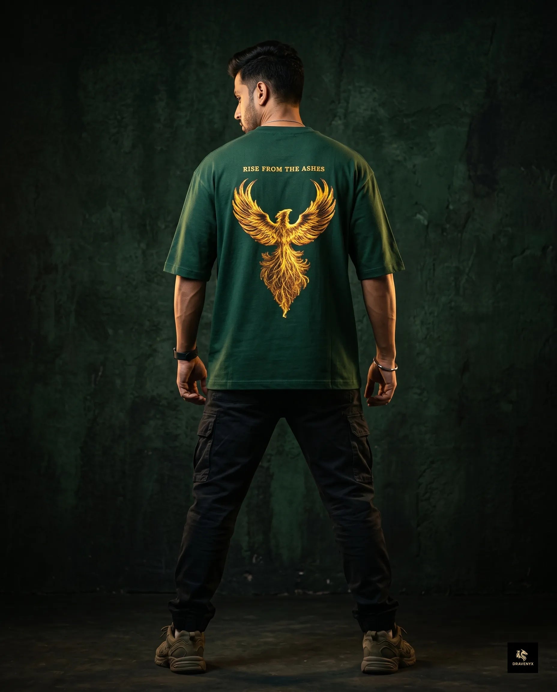 DRAVENYX® Phoenix Ascension Bottle Green Oversized Graphic Tee | Premium Streetwear India