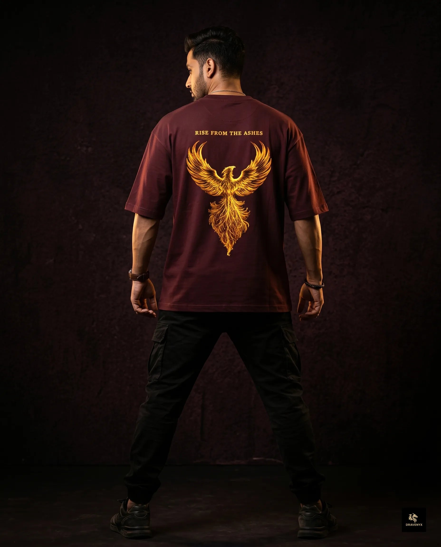 DRAVENYX® Phoenix Ascension Maroon Oversized Graphic Tee | Premium Streetwear India