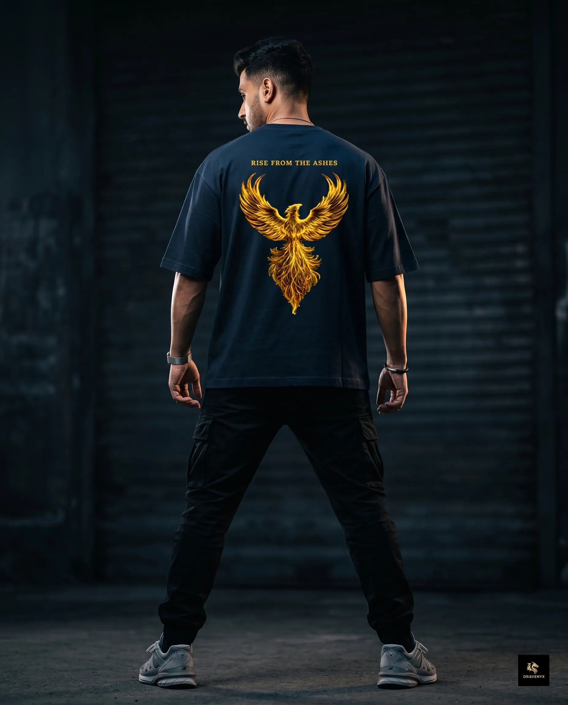 DRAVENYX® Phoenix Ascension Navy Blue Oversized Graphic Tee | Premium Streetwear India