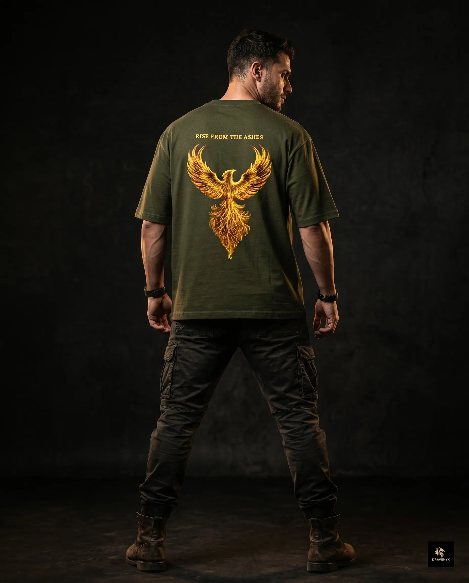 DRAVENYX® Phoenix Ascension Olive Green Oversized Graphic Tee | Premium Streetwear India