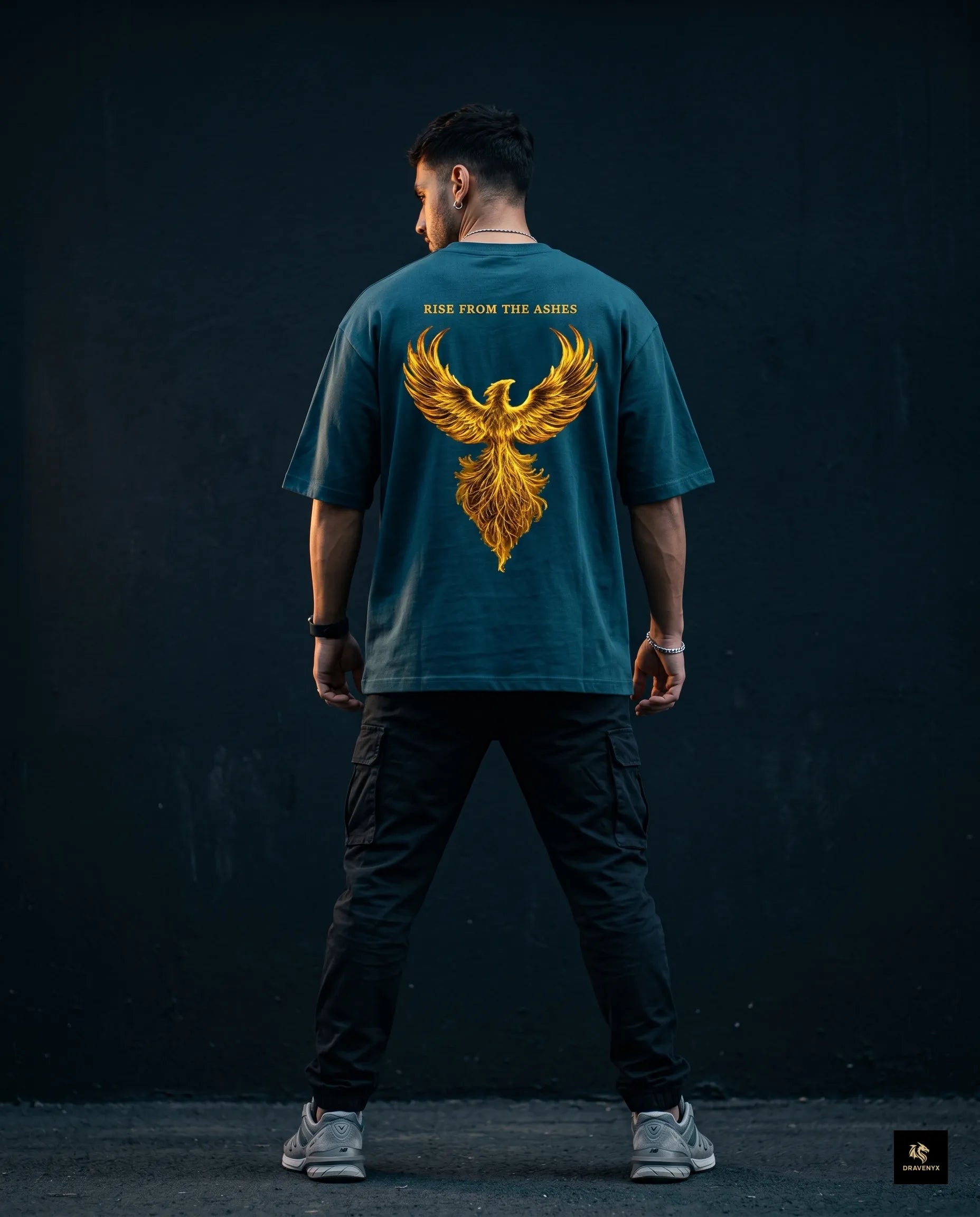 DRAVENYX® Phoenix Ascension Petrol Blue Oversized Graphic Tee | Premium Streetwear India