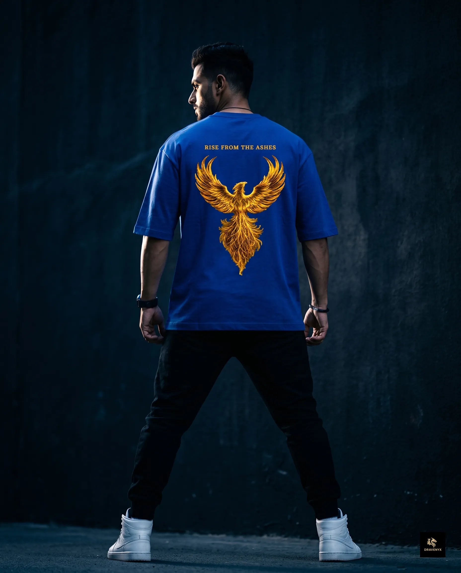 DRAVENYX® Phoenix Ascension Royal Blue Oversized Graphic Tee | Premium Streetwear India
