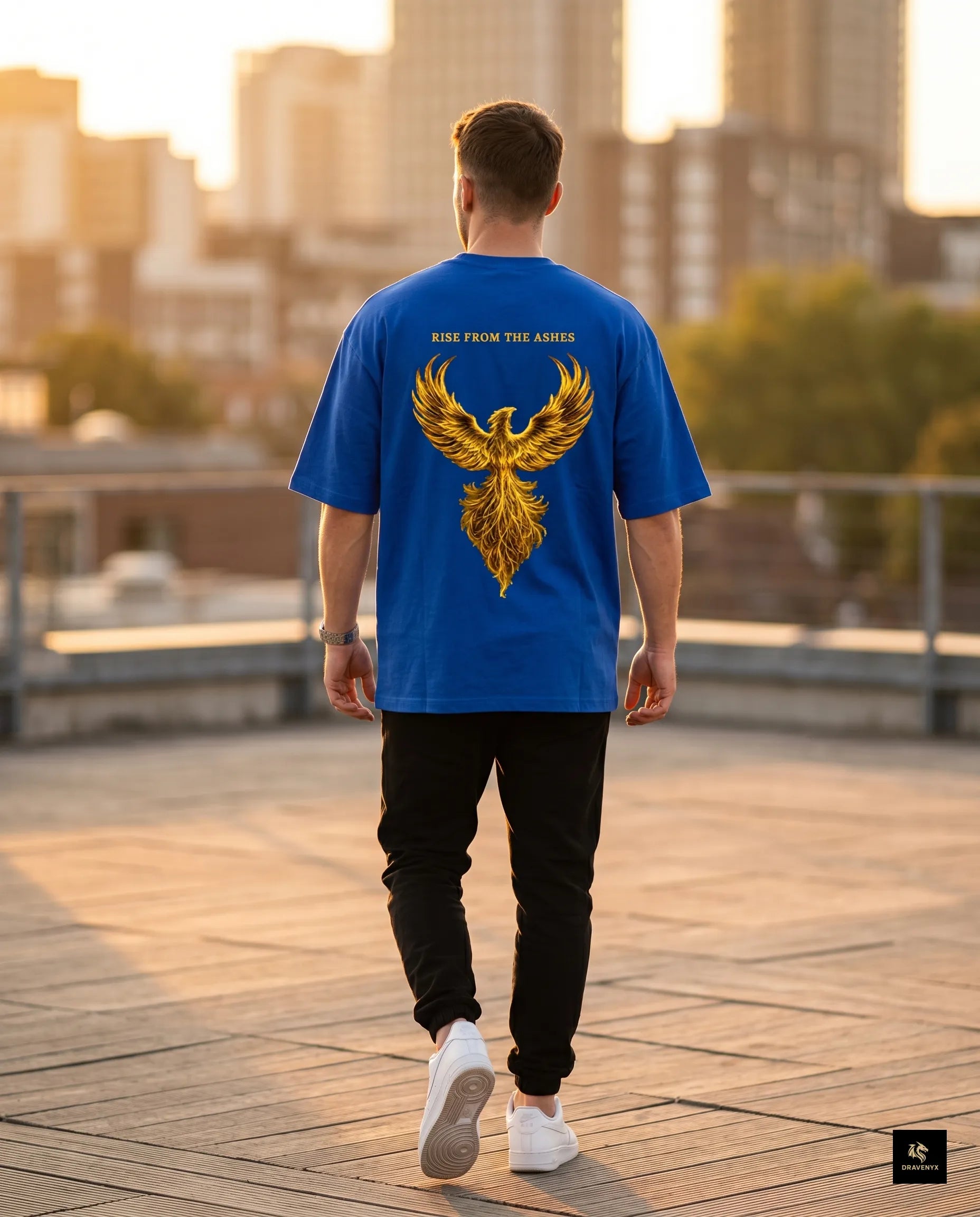 DRAVENYX® Phoenix Ascension Royal Blue Oversized Graphic Tee | Premium Streetwear India