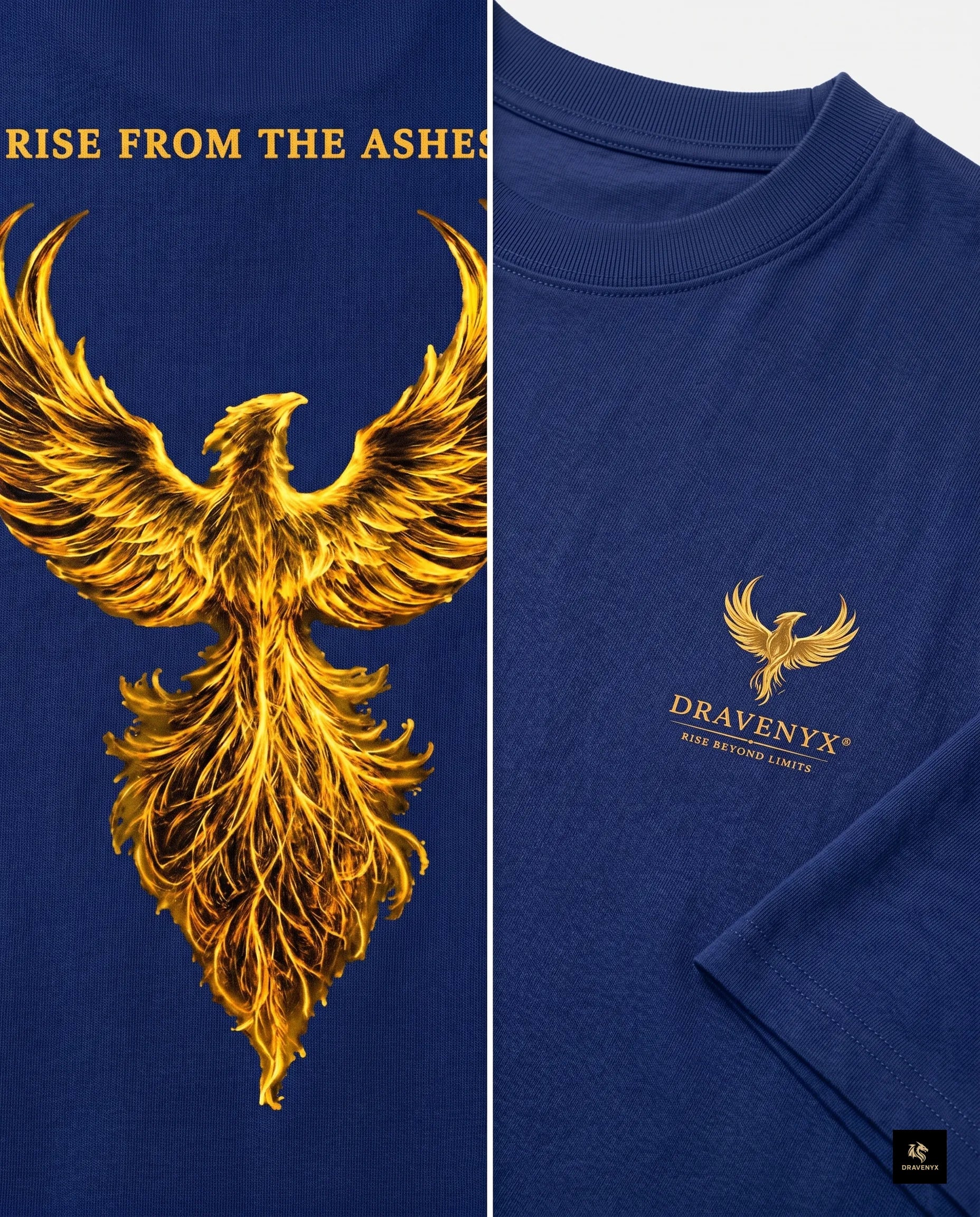 DRAVENYX® Phoenix Ascension Royal Blue Oversized Graphic Tee | Premium Streetwear India