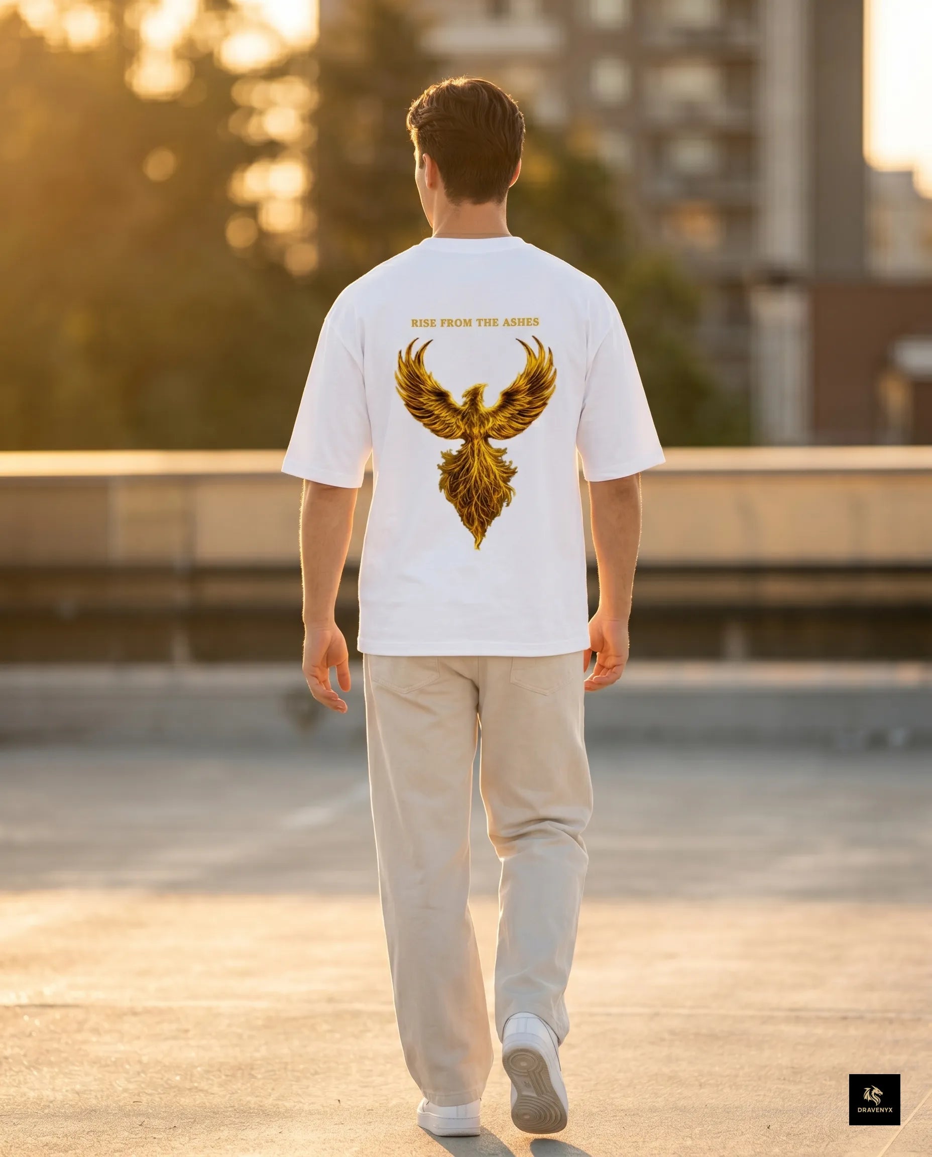 DRAVENYX® Phoenix Ascension White Oversized Graphic Tee | Premium Streetwear India